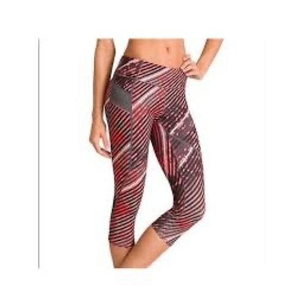 Athleta Be Free Cropped Leggings Red Black Stripe Mesh Pocket Tights Small